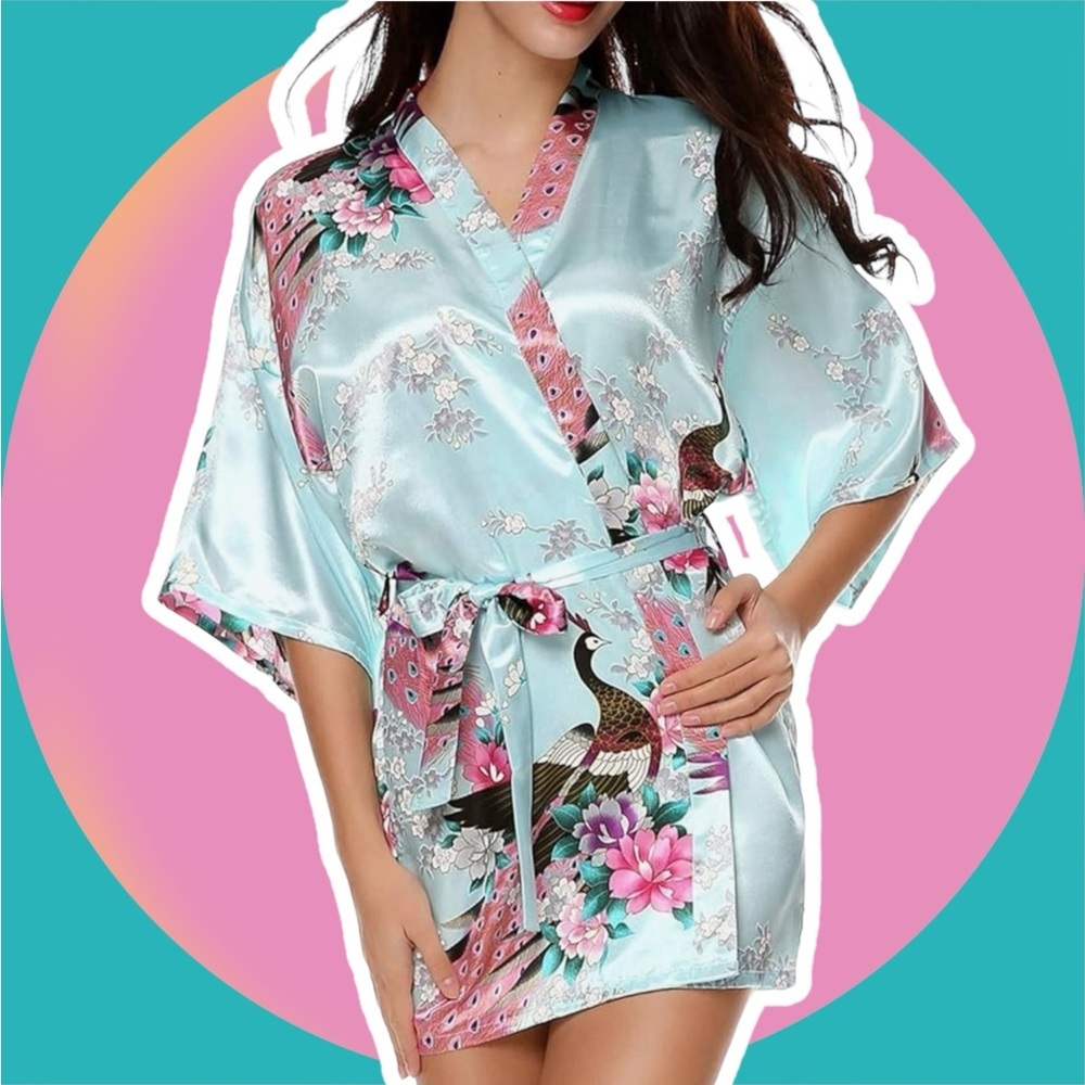 Satin Floral with Peacock Print ROBE KIMONO size XL w belt SHORT NIB​